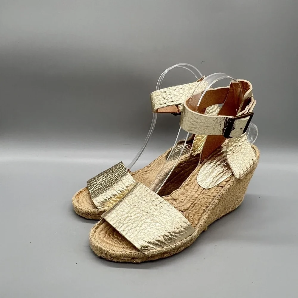 J Crew Sandals Womens 7 Gold Leather Espadrille Ankle Strap High Wedge Shoes